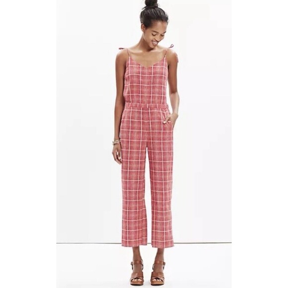 Madewell Red Biopic Plaid Spaghetti Strap Linen Blend Jumpsuit Womens Size Small - Picture 1 of 8